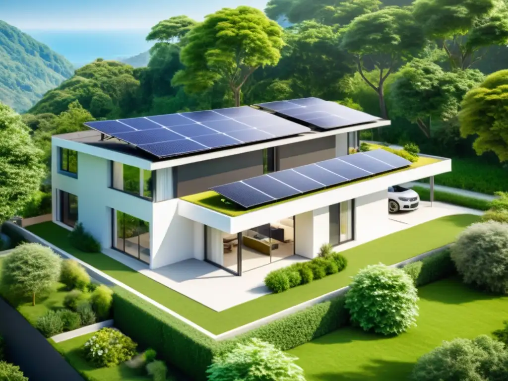 Moderna casa ecológica con paneles solares, electrodomésticos eficientes y vegetación exuberante