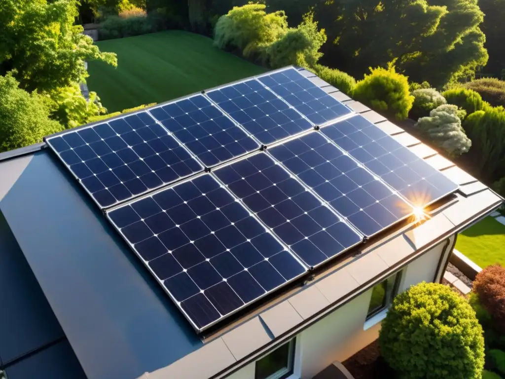 Instalación moderna de paneles solares en el techo de una casa suburbana, bañados por la luz del sol