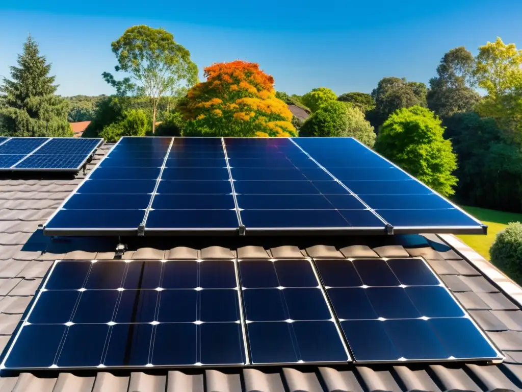 Instalación moderna de paneles solares en el techo de una casa suburbana, con un resplandor cálido del sol sobre los paneles y el entorno