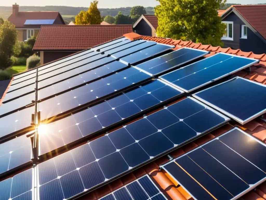 Instalación moderna de paneles solares en el techo de una casa suburbana, reflejando la luz del sol