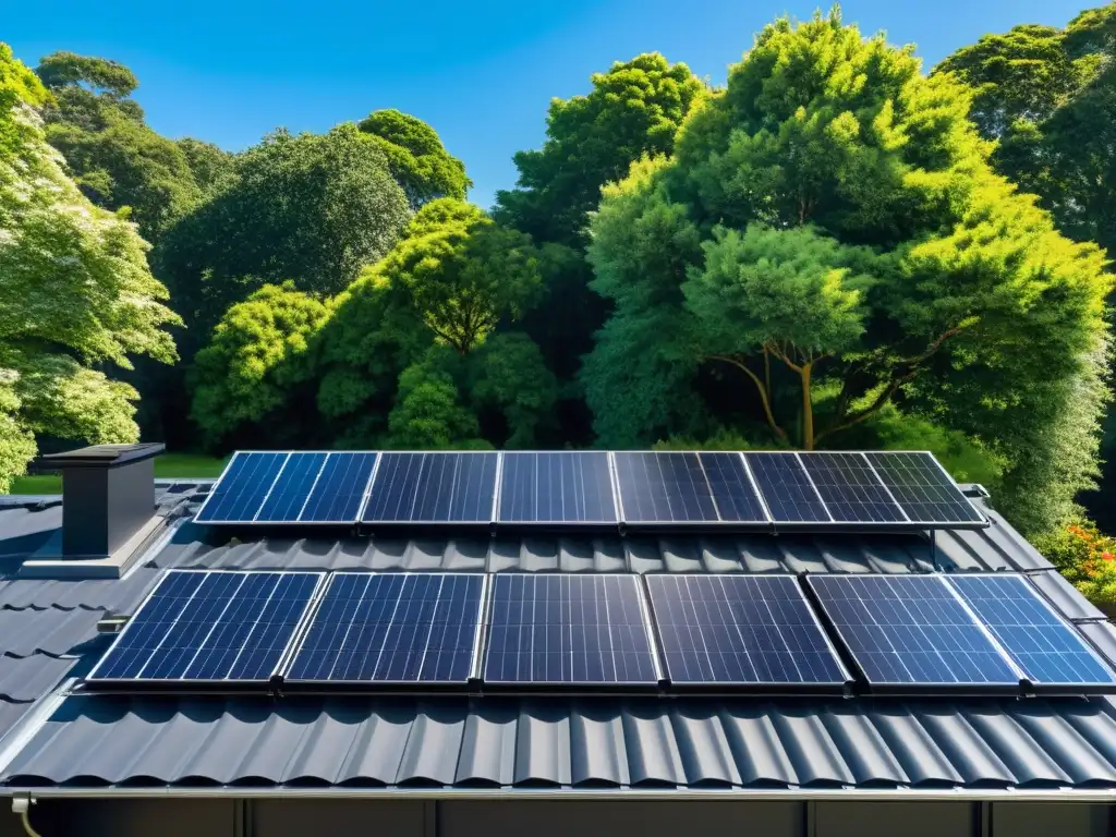 Instalación moderna de paneles solares en un tejado residencial, rodeada de naturaleza exuberante