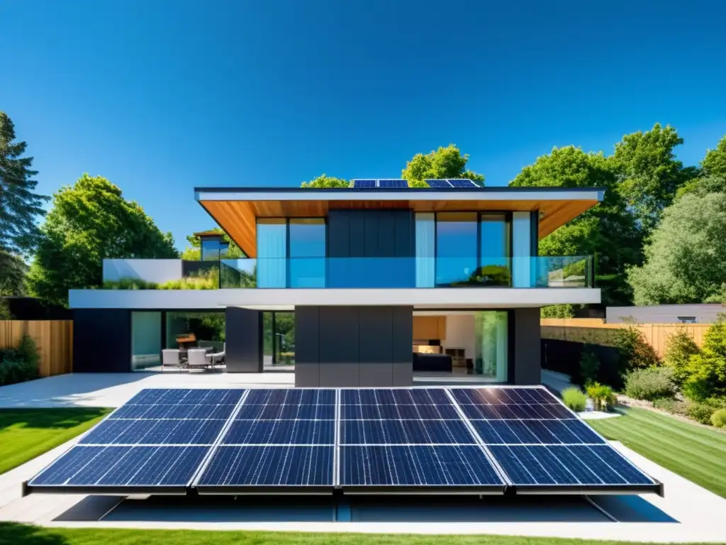 Moderna casa suburbana con paneles solares brillando bajo el sol, destacando la incorporación de energías renovables en ecosistemas