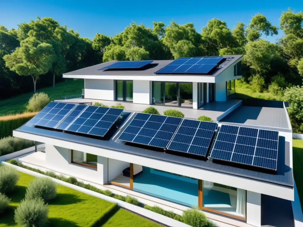 Una moderna vivienda con paneles solares integrados en el techo, capturando la luz solar y generando energía renovable