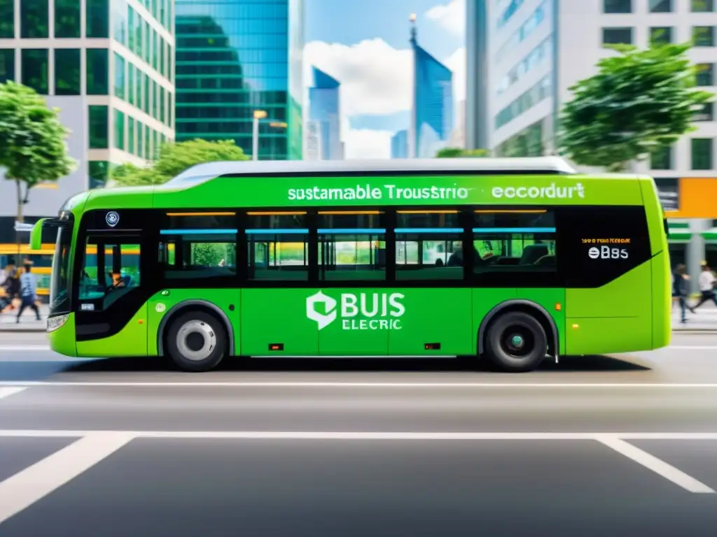 Un moderno autobús eléctrico recorre una bulliciosa calle de la ciudad, destacando su diseño ecológico y la diversidad de pasajeros