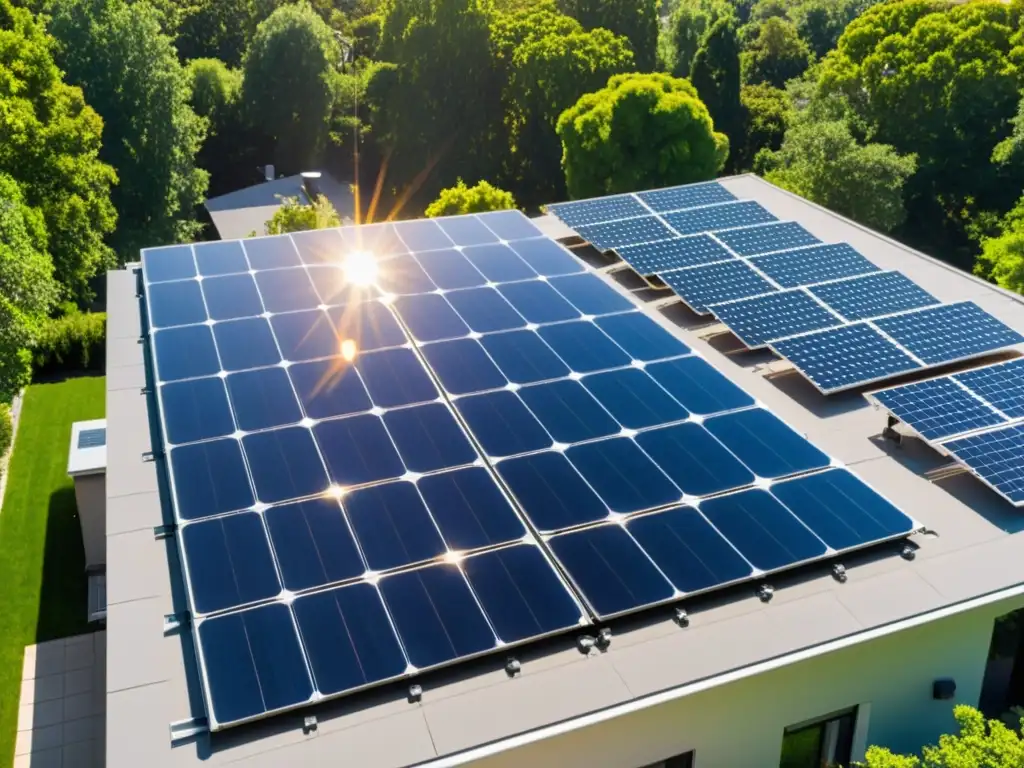 Un moderno y elegante arreglo de paneles solares en el techo de una casa suburbana, bañados por el cálido sol