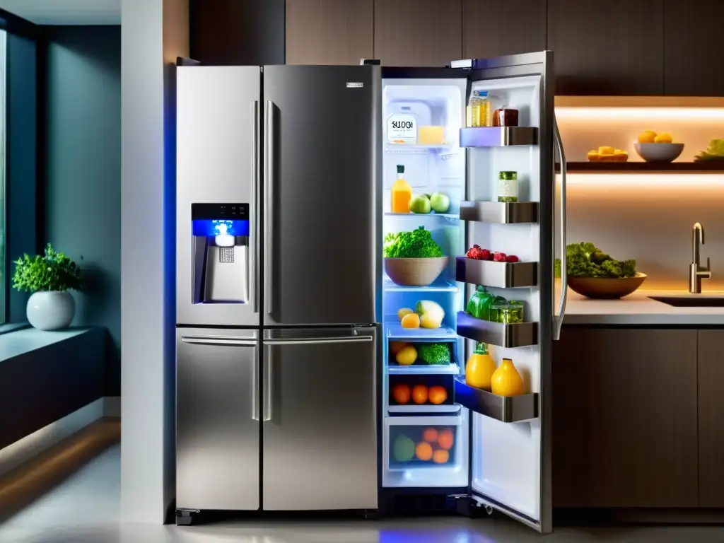 Un moderno refrigerador de bajo consumo energético con iluminación LED y estantes organizados con alimentos