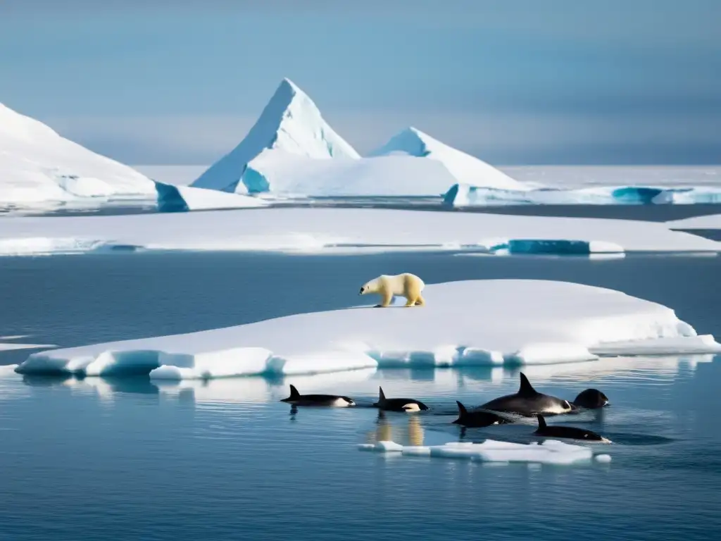 Un momento crucial en la cadena alimentaria del ecosistema Ártico: oso polar acechando focas, con orcas al acecho