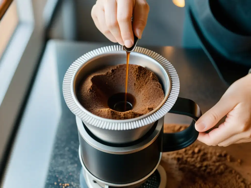 Un momento mágico: manos vertiendo café molido en un filtro ecológico