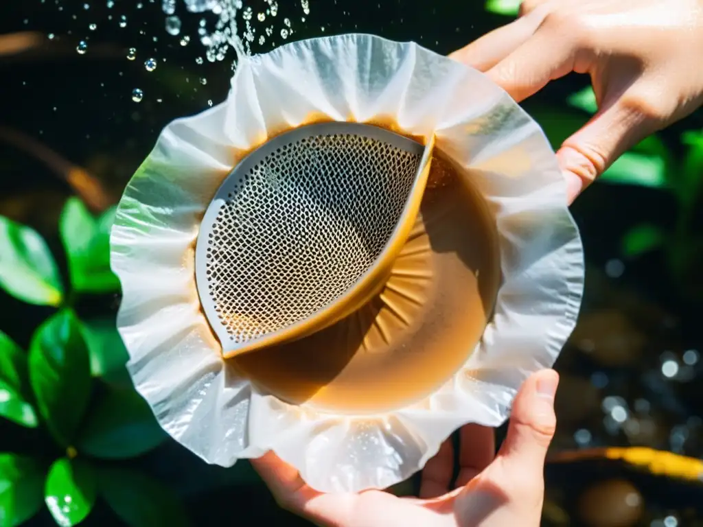 Un momento tranquilo en la cocina, una persona cuidadosamente limpia un filtro de café reutilizable bajo el agua