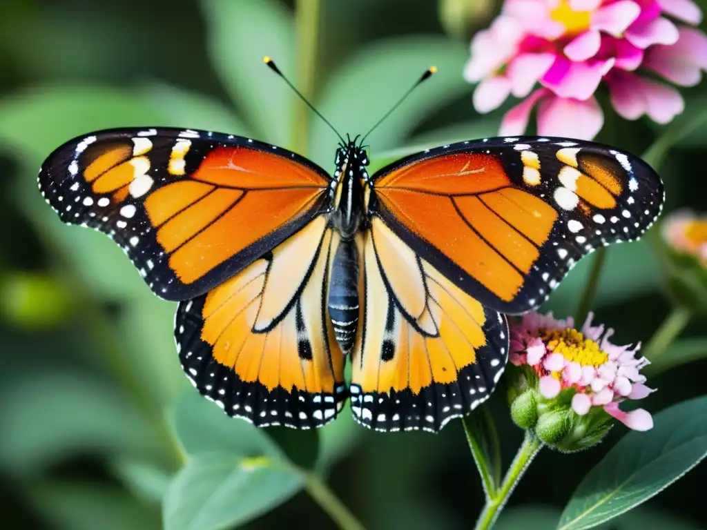 Mariposa monarca posada en una flor rosa, con sus alas desplegadas al sol en un jardín exuberante