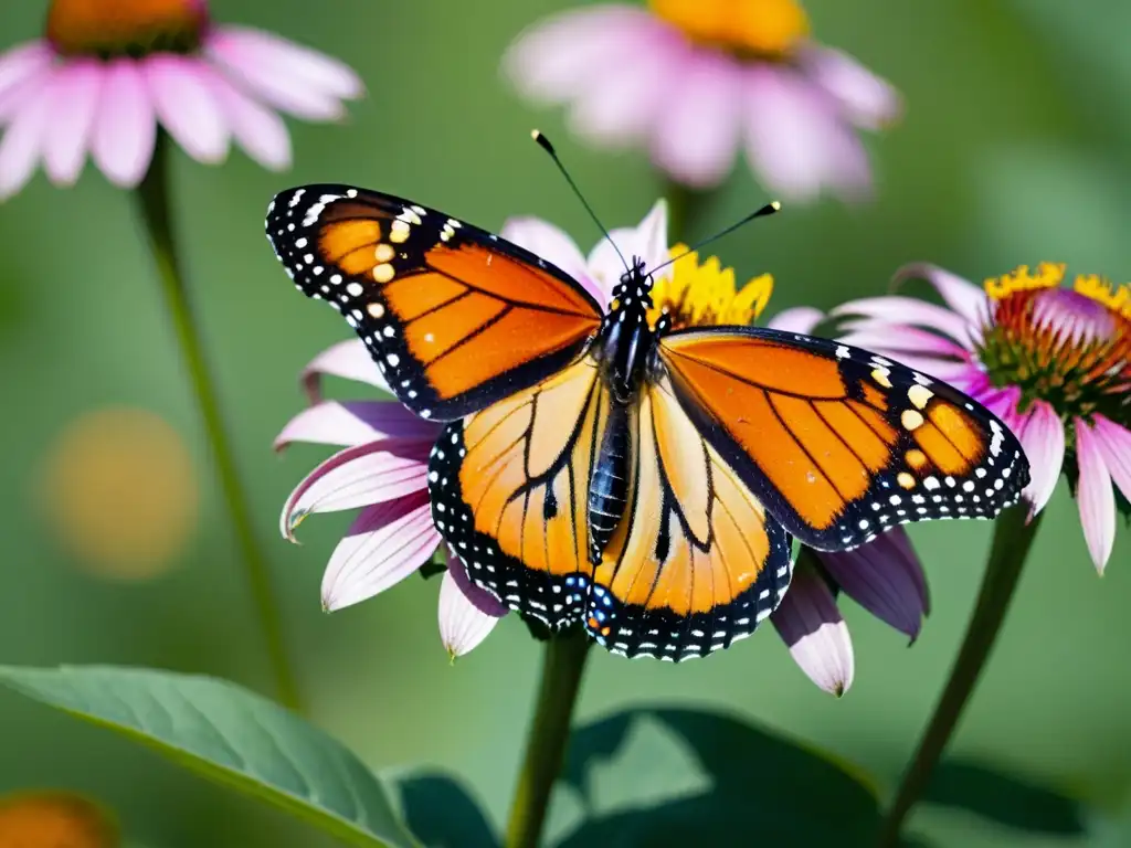 Mariposa Monarca descansando en una pradera soleada sobre una flor morada