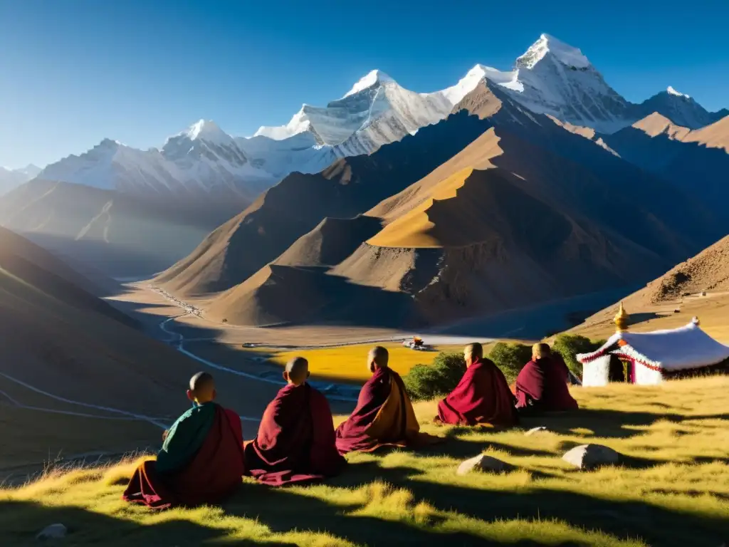 Monasterio remoto en la meseta tibetana, con monjes meditando al atardecer entre montañas nevadas