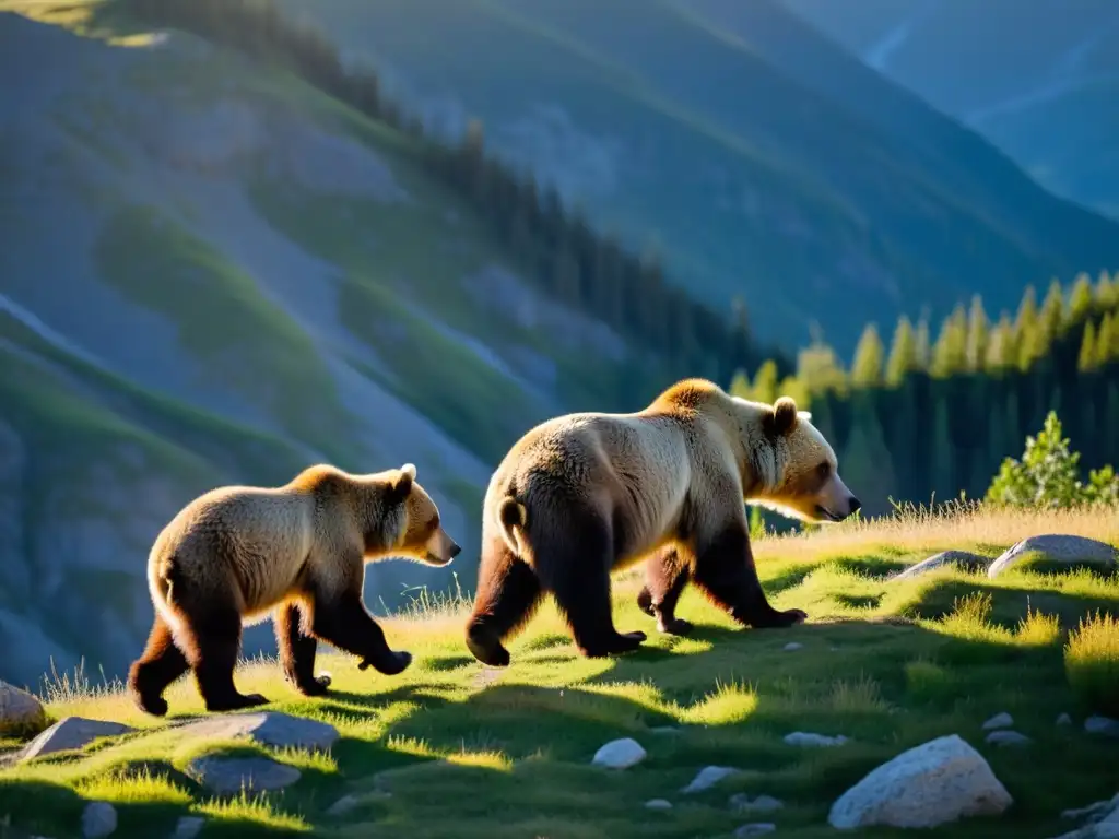 Madre oso pardo y crías caminan en montaña al atardecer