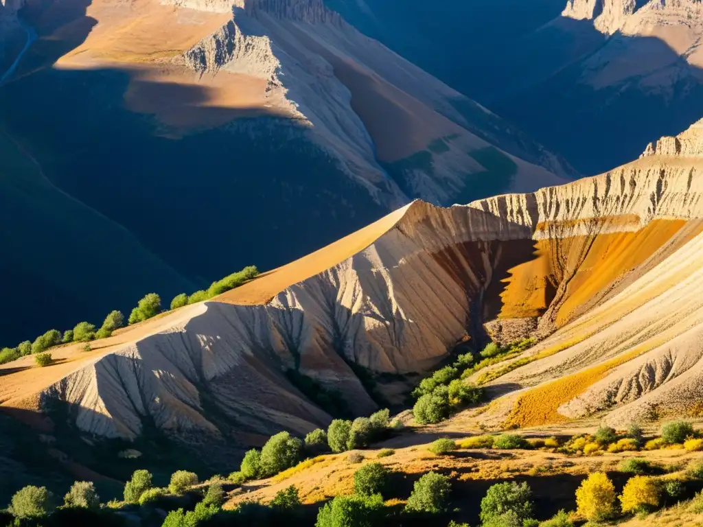 Montaña rocosa con estratos de fósiles visibles, en contraste con luces y sombras