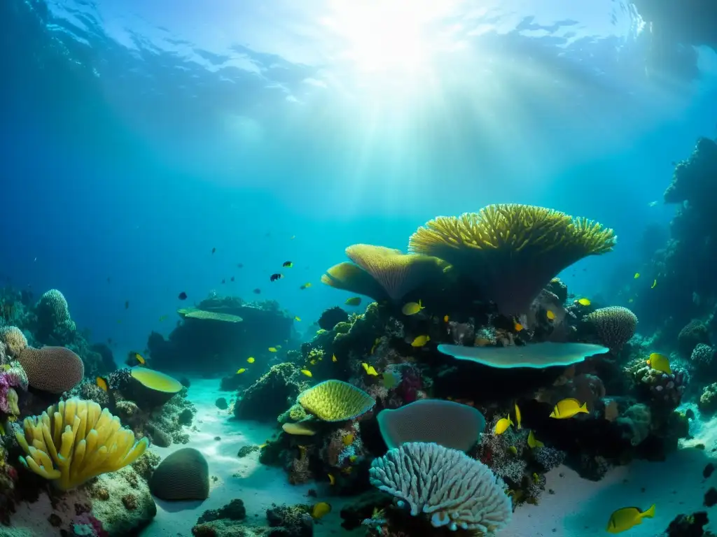 Biodiversidad en montañas submarinas oceánicas: Una vibrante comunidad marina en un paisaje rocoso, iluminada por la luz solar