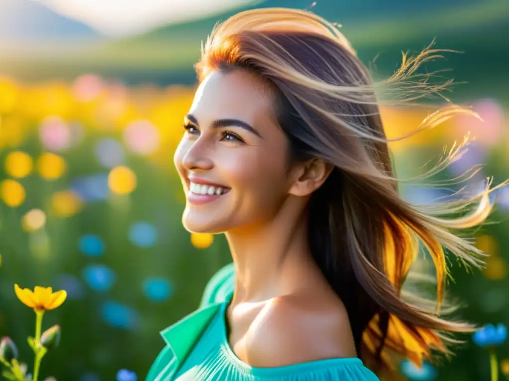 Una mujer con cabello brillante en un campo de flores