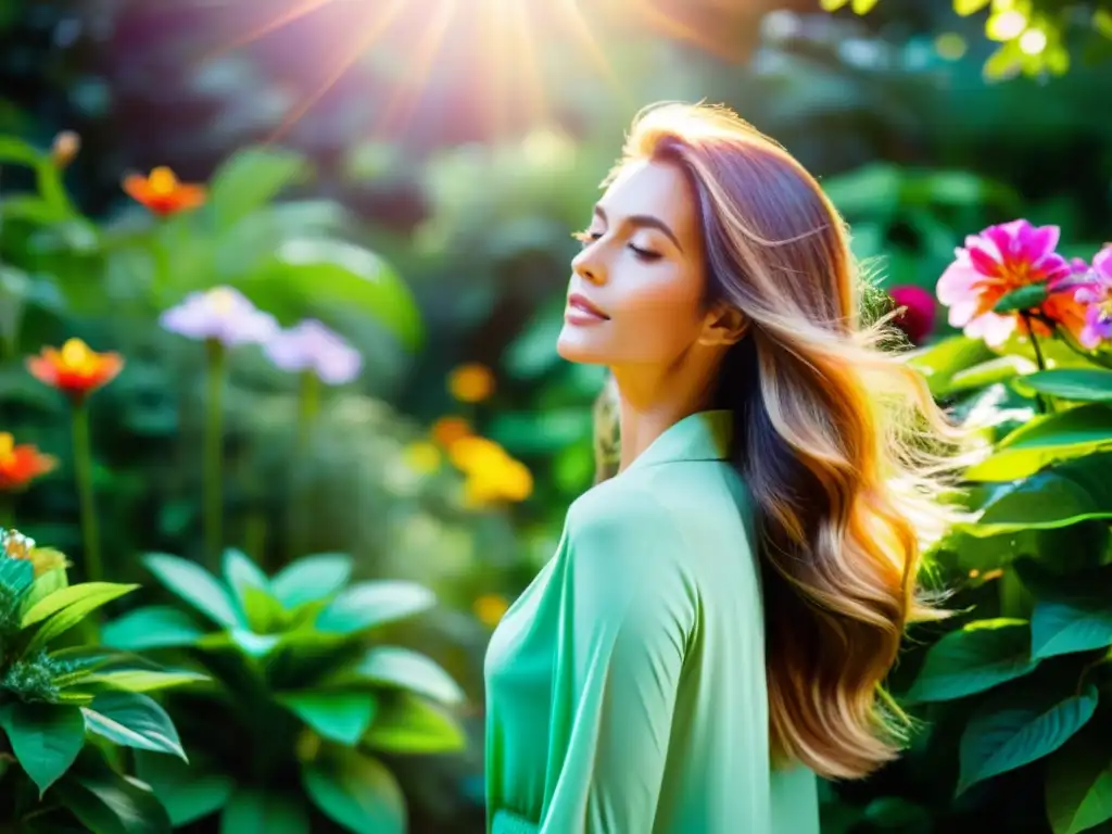 Una mujer con cabello largo y sedoso en un jardín botánico rodeada de plantas coloridas