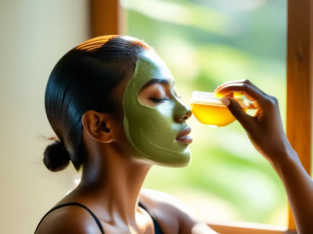 Una mujer aplica una mascarilla capilar ecológica de aguacate, aceite de coco y miel con luz natural