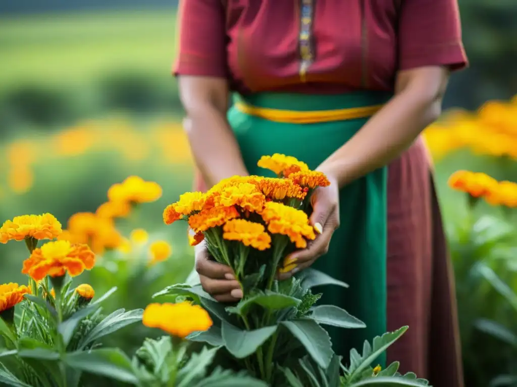 Recolección ancestral de flores de cempasúchil por una mujer maya Una mujer maya cosecha con cuidado flores de caléndula en un campo exuberante