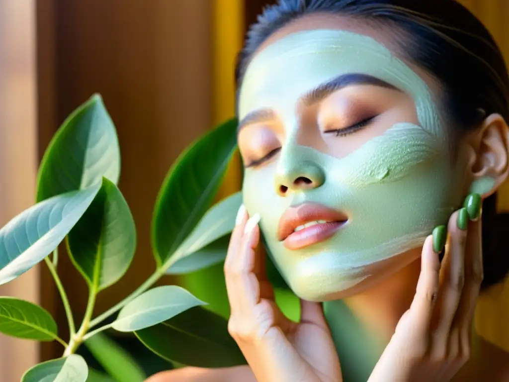 Una mujer aplicando productos de belleza ecológicos recomendados, con una piel radiante y natural, rodeada de naturaleza y luz solar