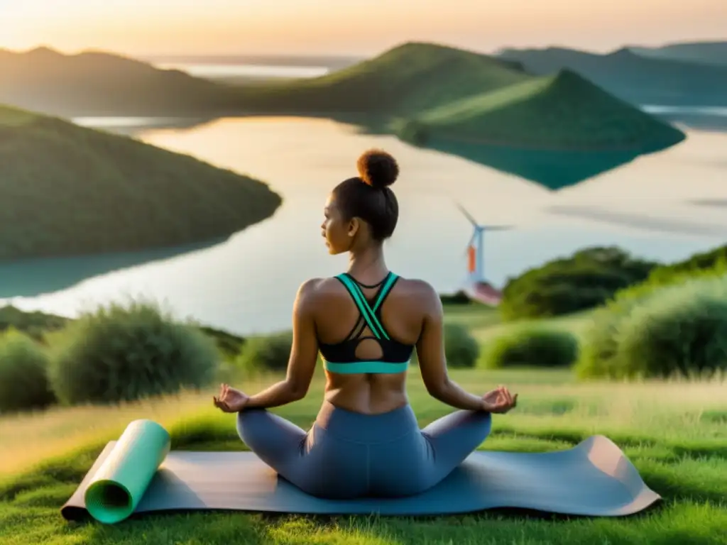 Una mujer en ropa deportiva sostenible practica yoga en una colina con vista a un lago sereno, rodeada de productos eco amigables para estilo de vida activo como botellas de agua de bambú, tapetes de yoga reciclables y bandas de resistencia biodegradables