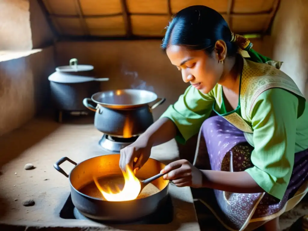 Una mujer en ropa tradicional cocina en una estufa de biogás en una cocina rural, mostrando el uso práctico y sostenible de biogás en la cocina