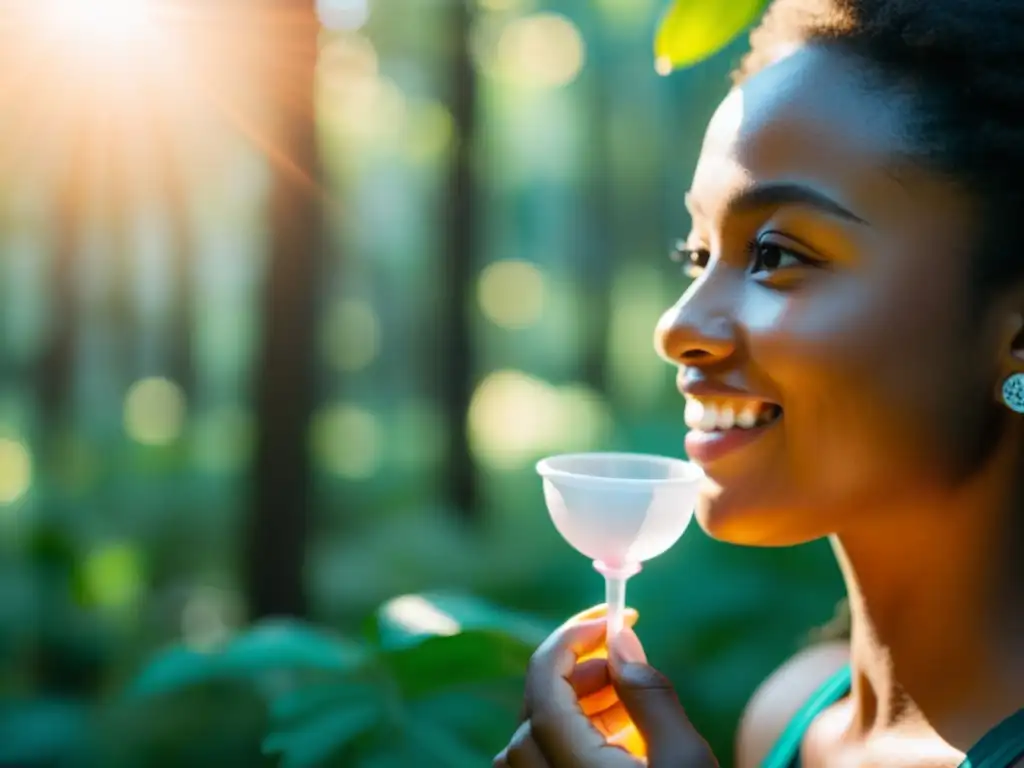 Una mujer sonriente sostiene una copa menstrual en un bosque soleado, simbolizando higiene íntima sostenible