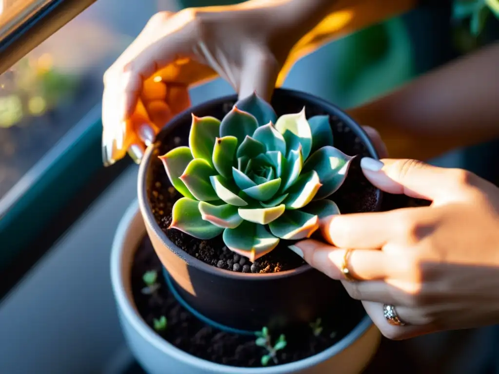 Una mujer planta cuidadosamente un suculento verde en una maceta de cerámica, creando una conexión íntima con la naturaleza