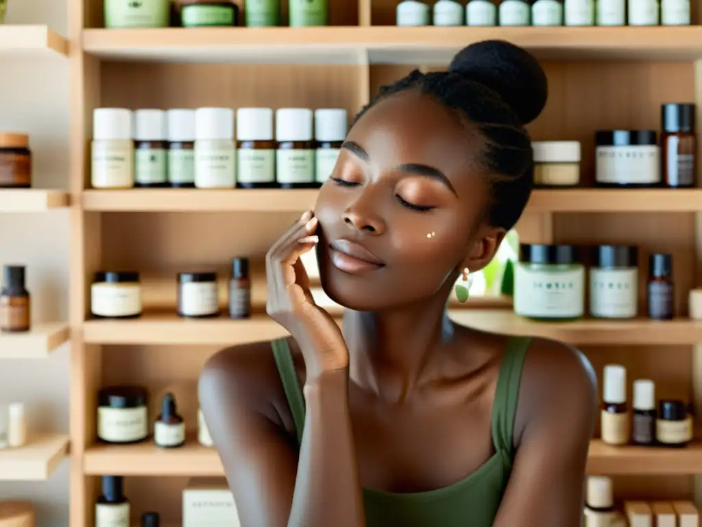 Una mujer aplica con tranquilidad un producto vegano en su rostro, rodeada de productos naturales con ingredientes a base de plantas