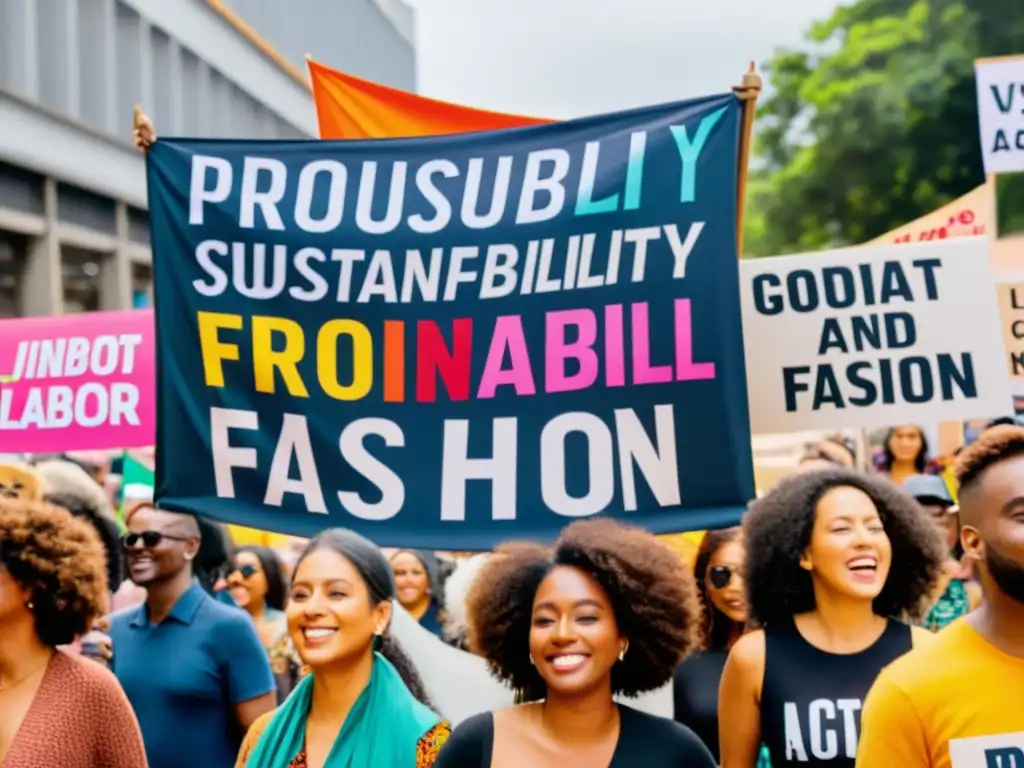 Multitud de activistas sostienen carteles coloridos en protesta por la industria textil, abogando por la sostenibilidad y la moda ética