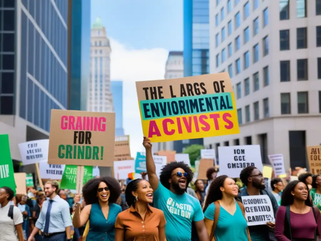 Multitud diversa de activistas marchando por la ciudad con pancartas ambientales, en un ambiente de solidaridad y urgencia