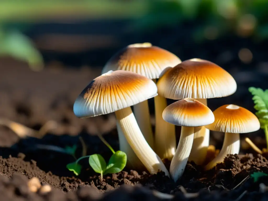 Un mundo de cultivo de setas en el jardín cobra vida en esta imagen detallada de hongos en suelo oscuro y húmedo