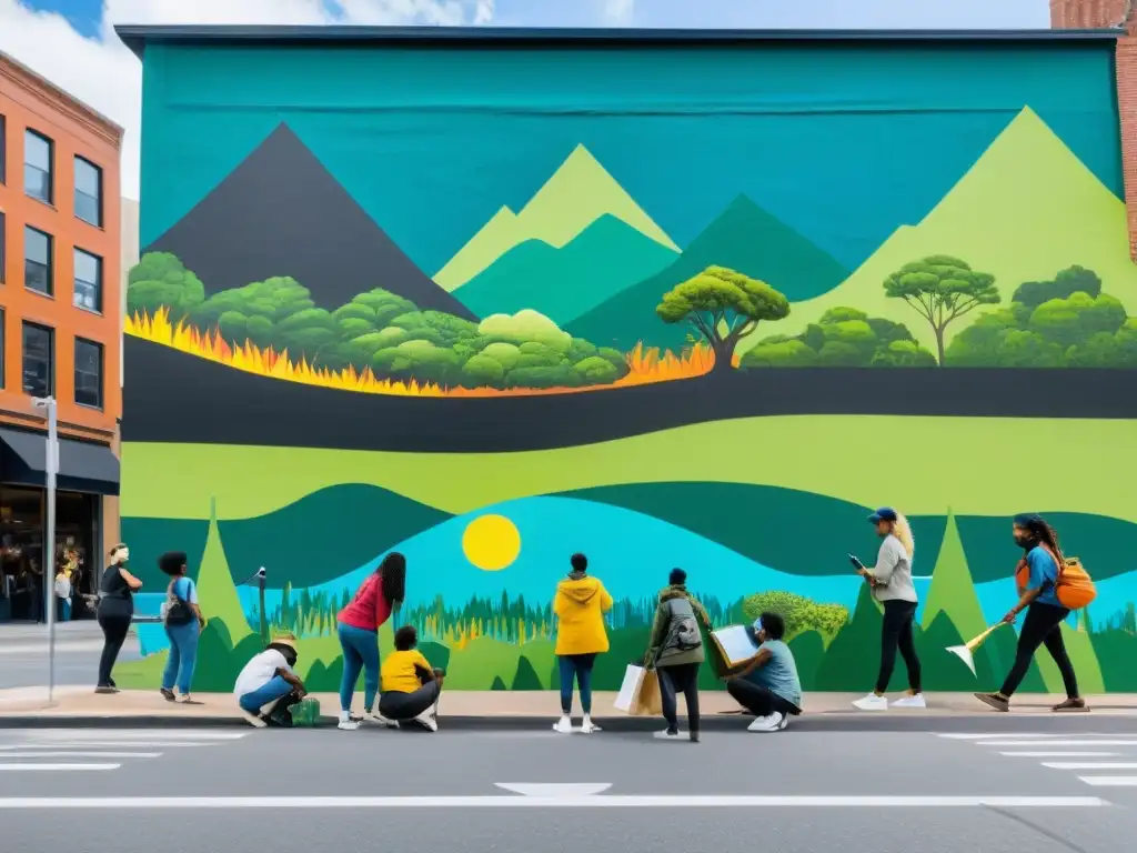 Un mural ecoamigable en la ciudad representa tácticas creativas en el activismo ambiental