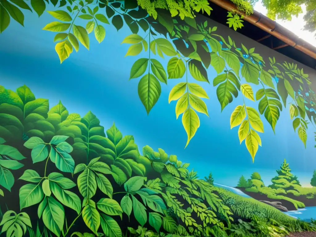 Un mural intrincado en un edificio muestra un exuberante bosque con vida silvestre y un arroyo