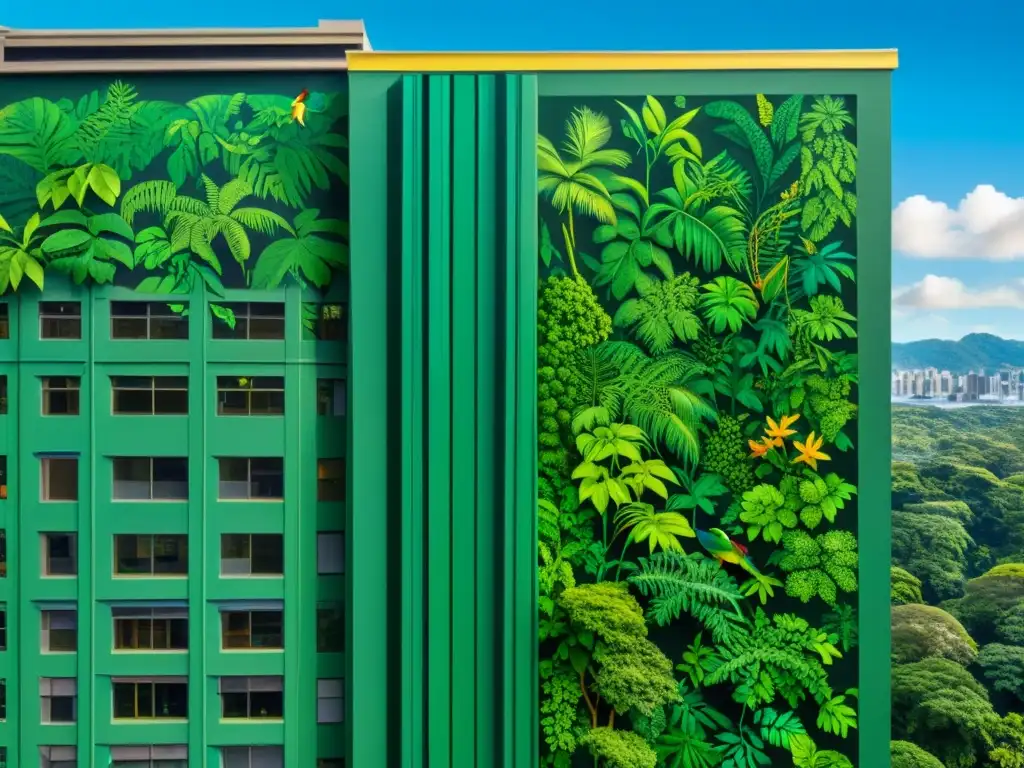 Un mural urbano impresionante que representa un exuberante ecosistema de la selva tropical, con un mensaje de conciencia ambiental