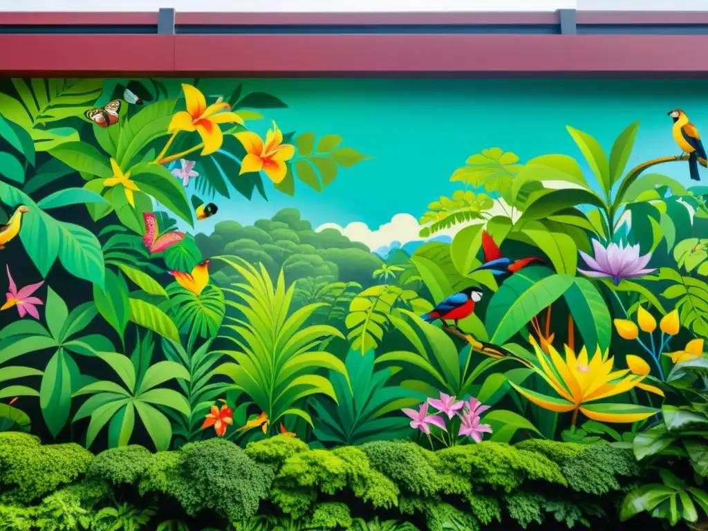 Un mural urbano vívido y detallado que muestra la biodiversidad de un exuberante bosque lluvioso