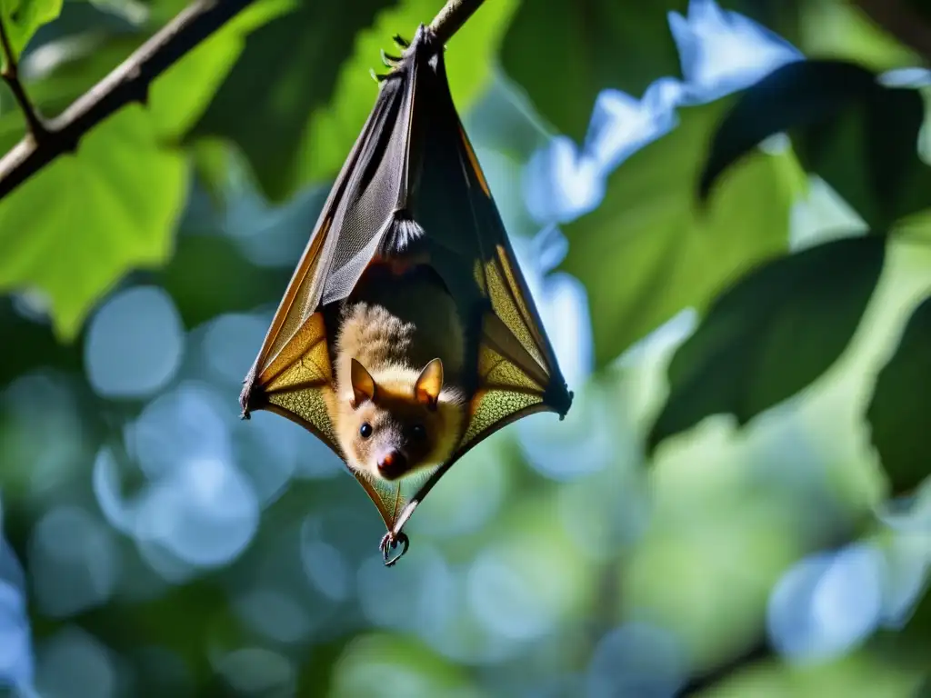 Un murciélago frugívoro suspendido boca abajo de una rama en la selva, con alas delicadas y vida nocturna en la densa vegetación