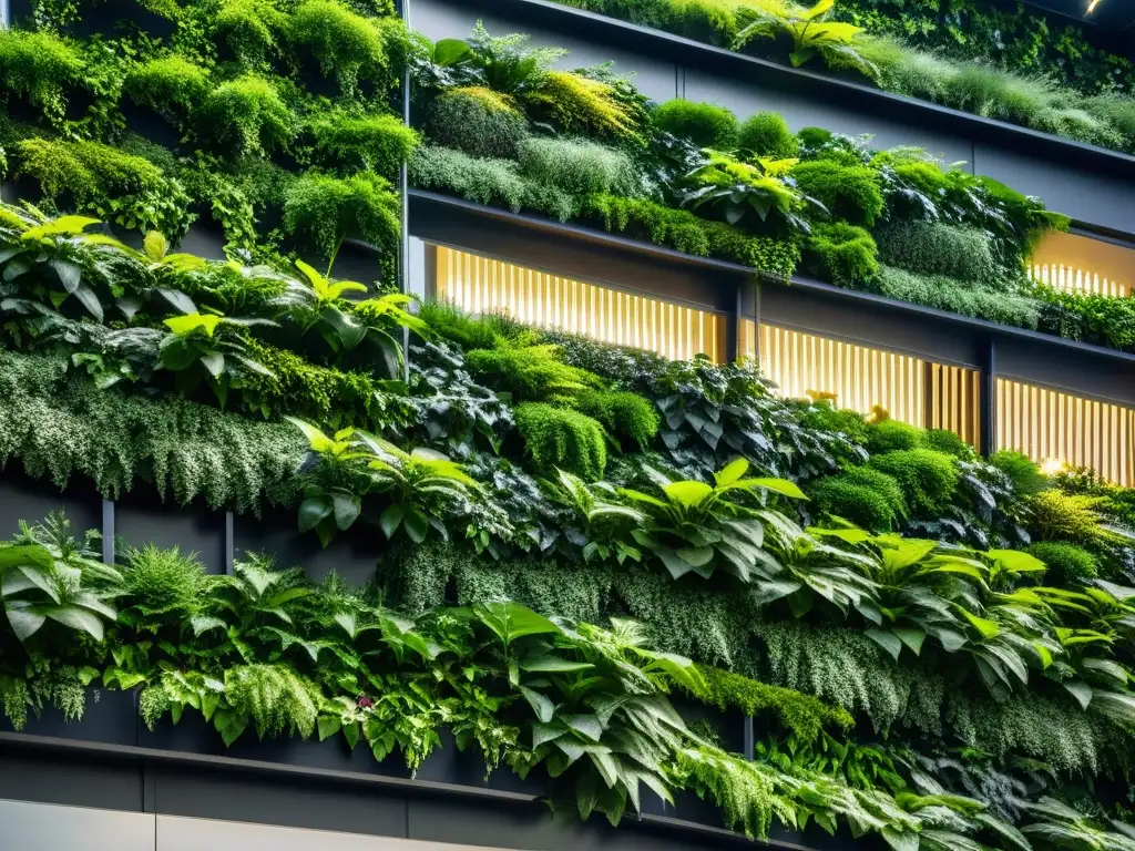 Un muro verde cubre el edificio urbano, mostrando la fusión armoniosa de la naturaleza y el diseño urbano