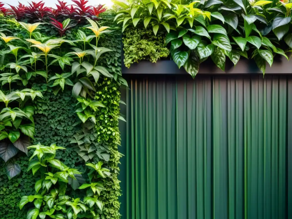 Un muro verde exuberante con plantas trepadoras vibrantes y cascadas crea un paisaje vertical impresionante