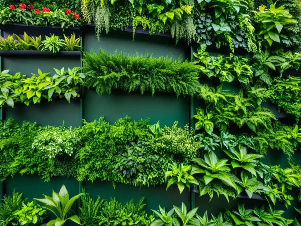 Un muro verde exuberante con plantas trepadoras para espacios verdes, evocando tranquilidad y armonía natural