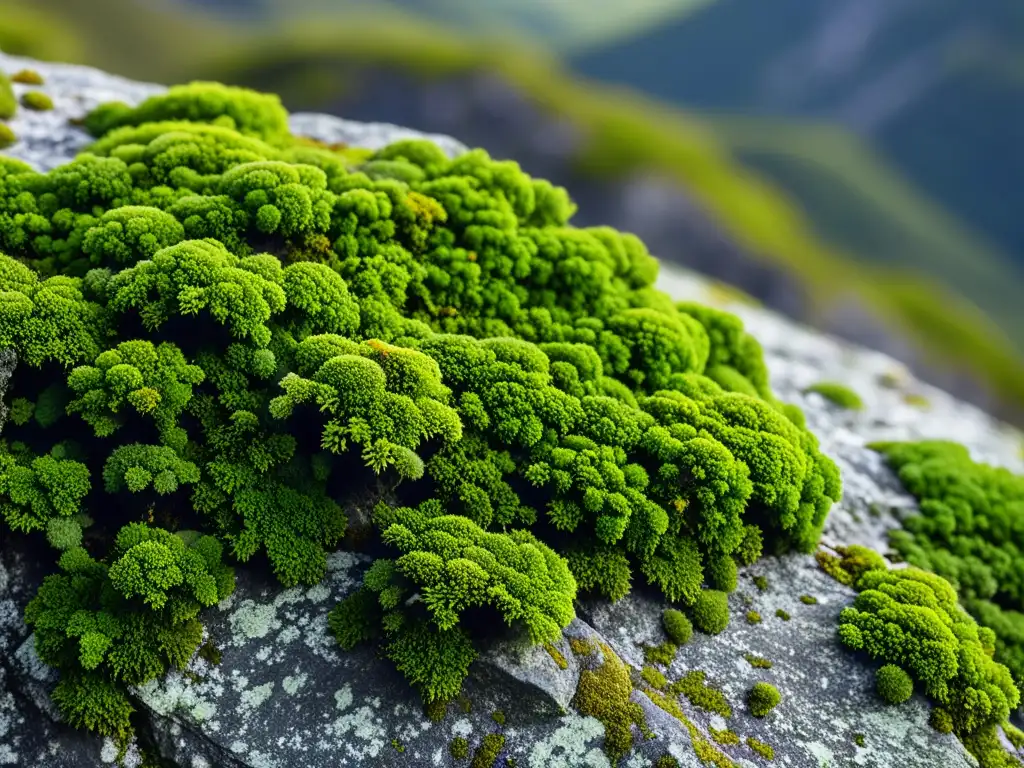 Musgos y líquenes ecosistemas montañosos: Detalle vibrante de musgo verde y líquenes en la roca de montaña, con texturas y luz cautivadoras