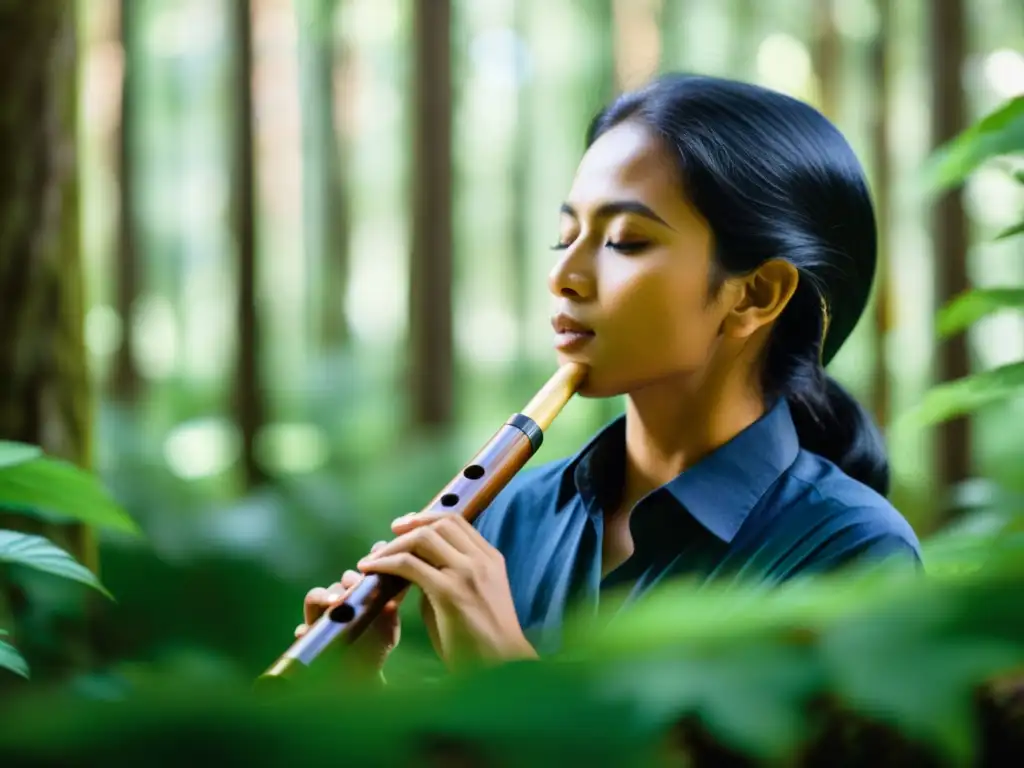 Un músico folclórico toca una flauta de madera hecha a mano en un bosque exuberante, mostrando la influencia de sonidos naturales en música