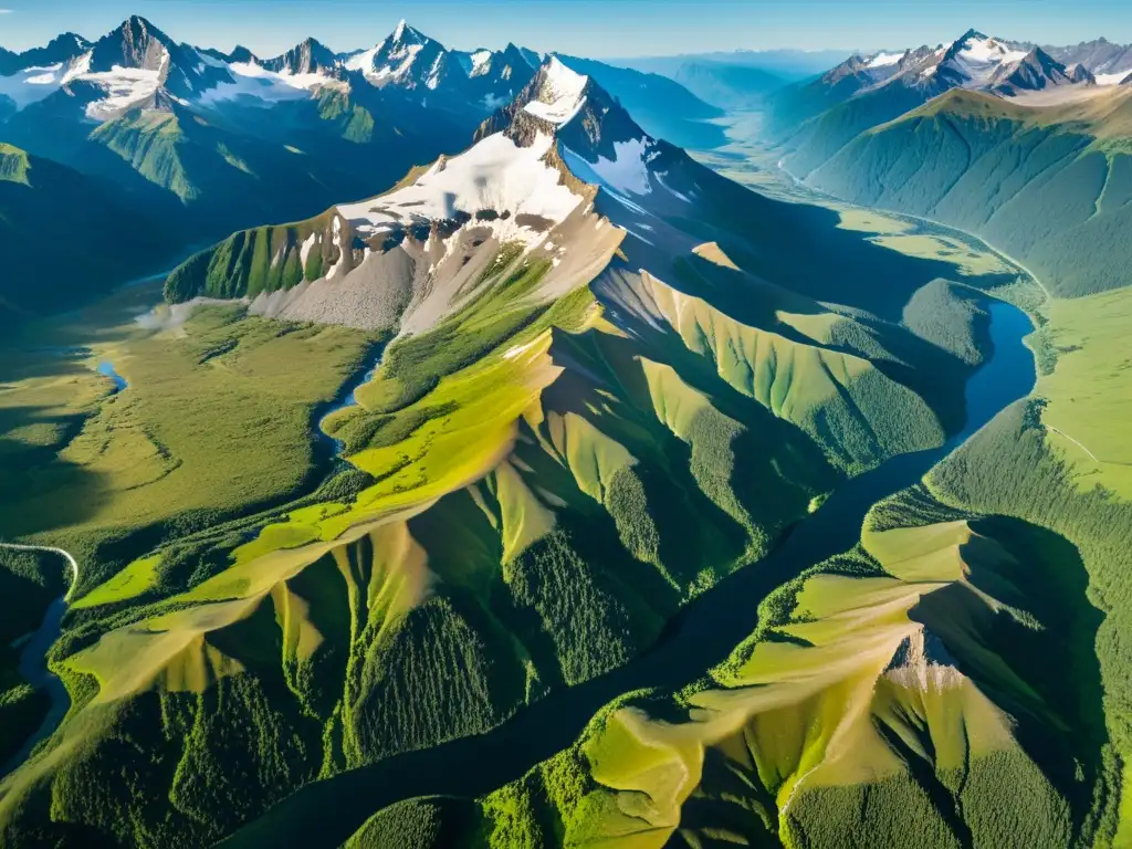 Nacimiento de ríos en ecosistemas montaña: Imponente paisaje de picos nevados, ríos serpenteantes y exuberante vegetación