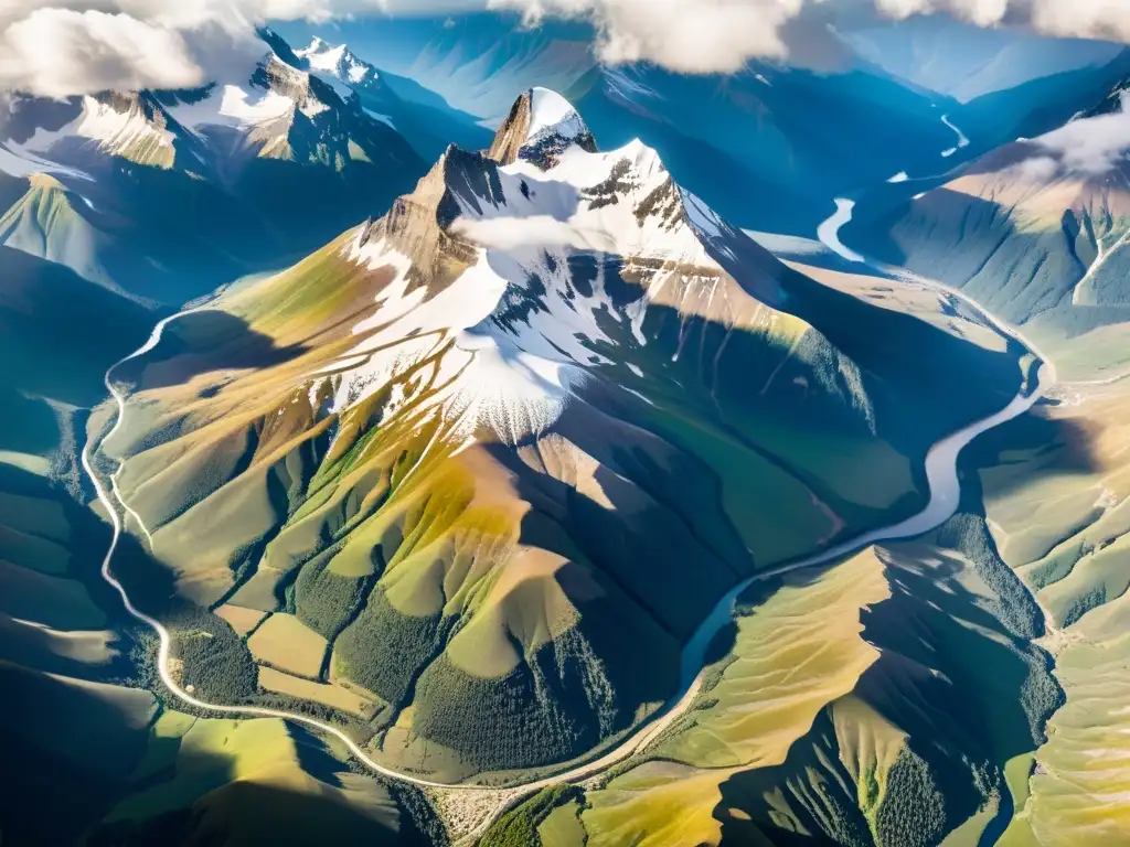 Nacimiento de ríos en ecosistemas montaña: Imponente cordillera nevada con ríos serpenteantes y sombras dramáticas