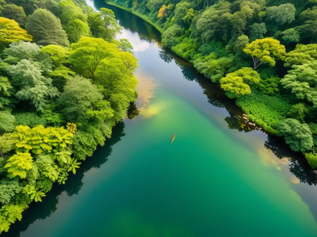 Narraciones de un mundo de ecosistemas acuáticos: un río sereno fluye entre un exuberante bosque verde, tejiendo vida y color