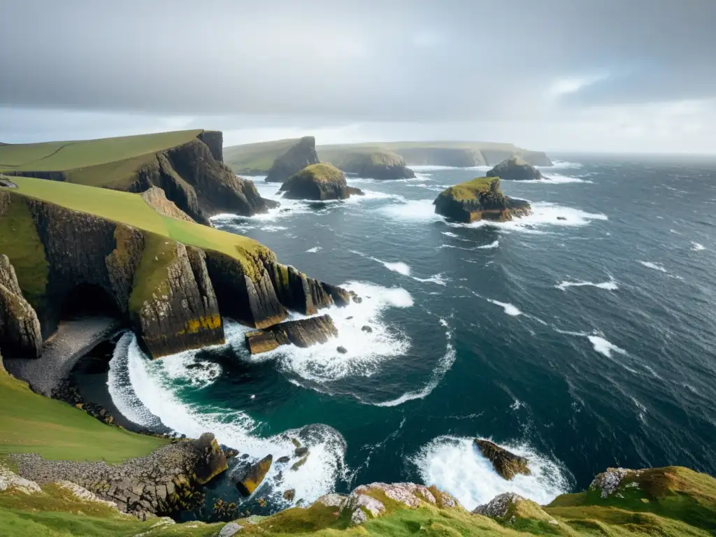 Naturaleza salvaje en Islas Shetland: Acantilados escarpados, mar agitado y colonia de aves marinas en un paisaje salvaje e indómito