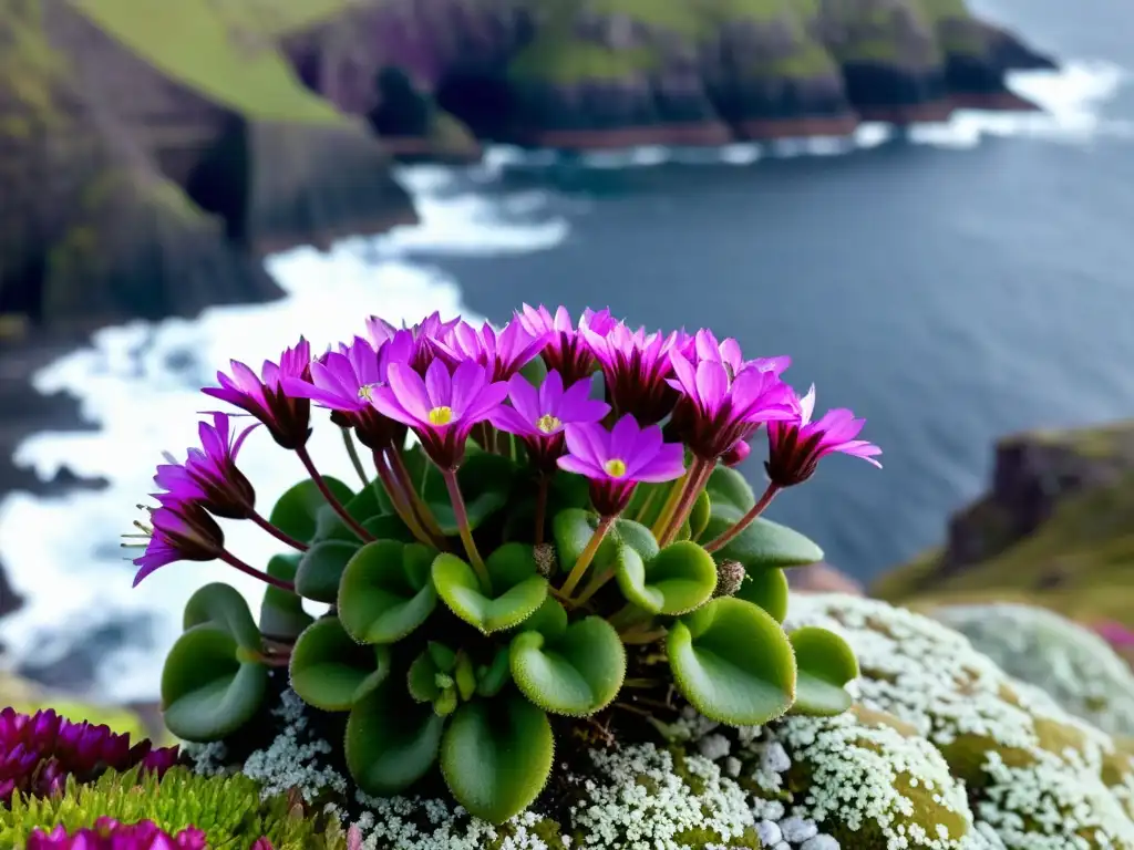 'Naturaleza salvaje en Islas Shetland: Detalle de una flor de saxífraga morada en plena floración con acantilados cubiertos de musgo de fondo