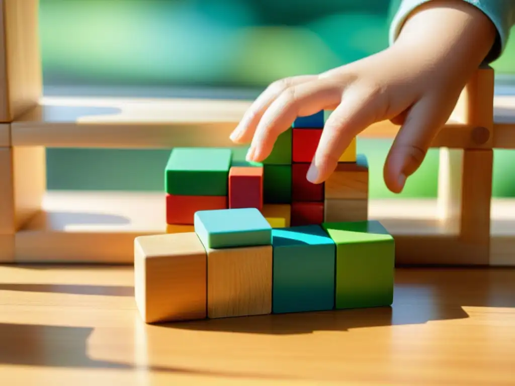 Un niño jugando con bloques de madera ecológicos, resaltando seguridad, creatividad y cuidado parental