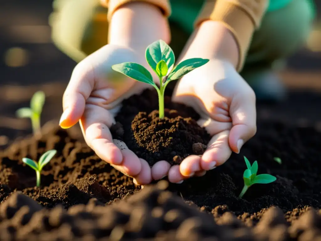 Un niño planta con cuidado una plántula orgánica en tierra oscura, transmitiendo la importancia de la educación ambiental desde la infancia