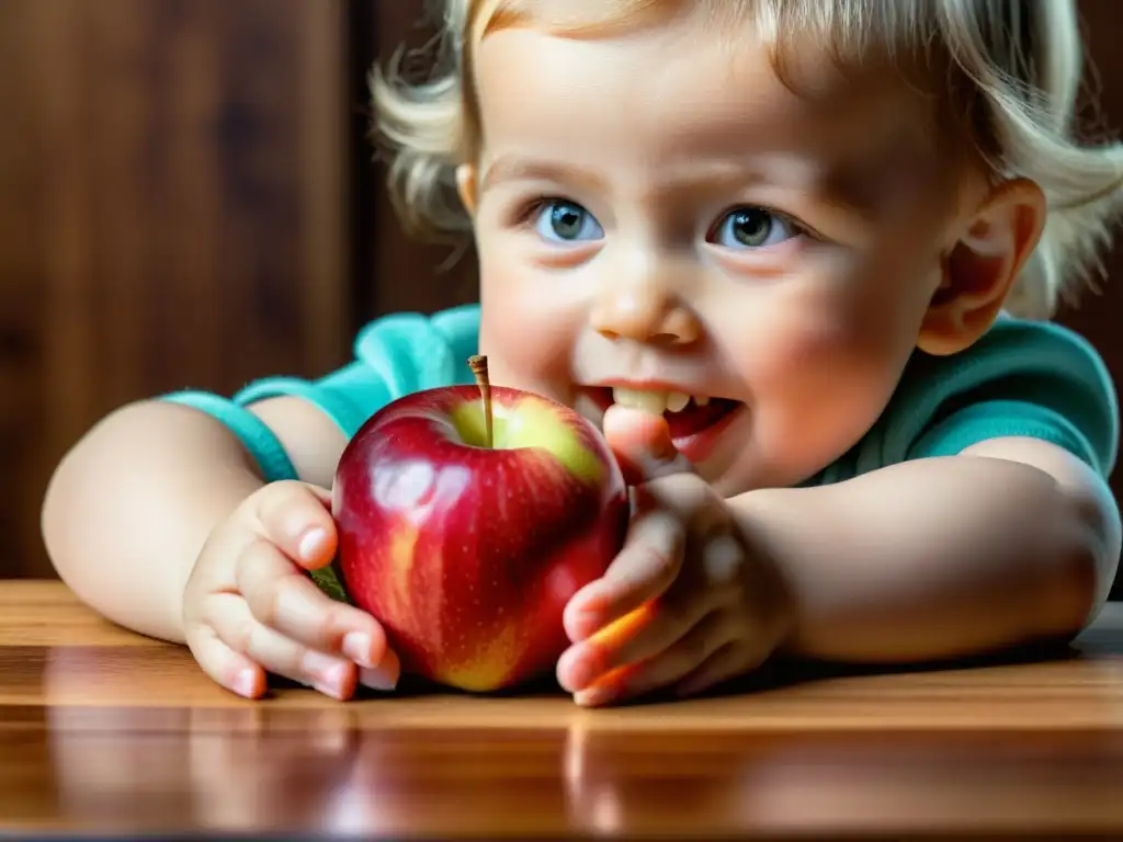 Niño emocionado alcanza manzana orgánica en la mesa de madera, evocando los beneficios de la comida orgánica en la infancia